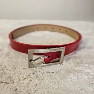 J. Crew Red Patent Vegan Leather Belt | Slim Classic w/ Silver Buckle | Size M